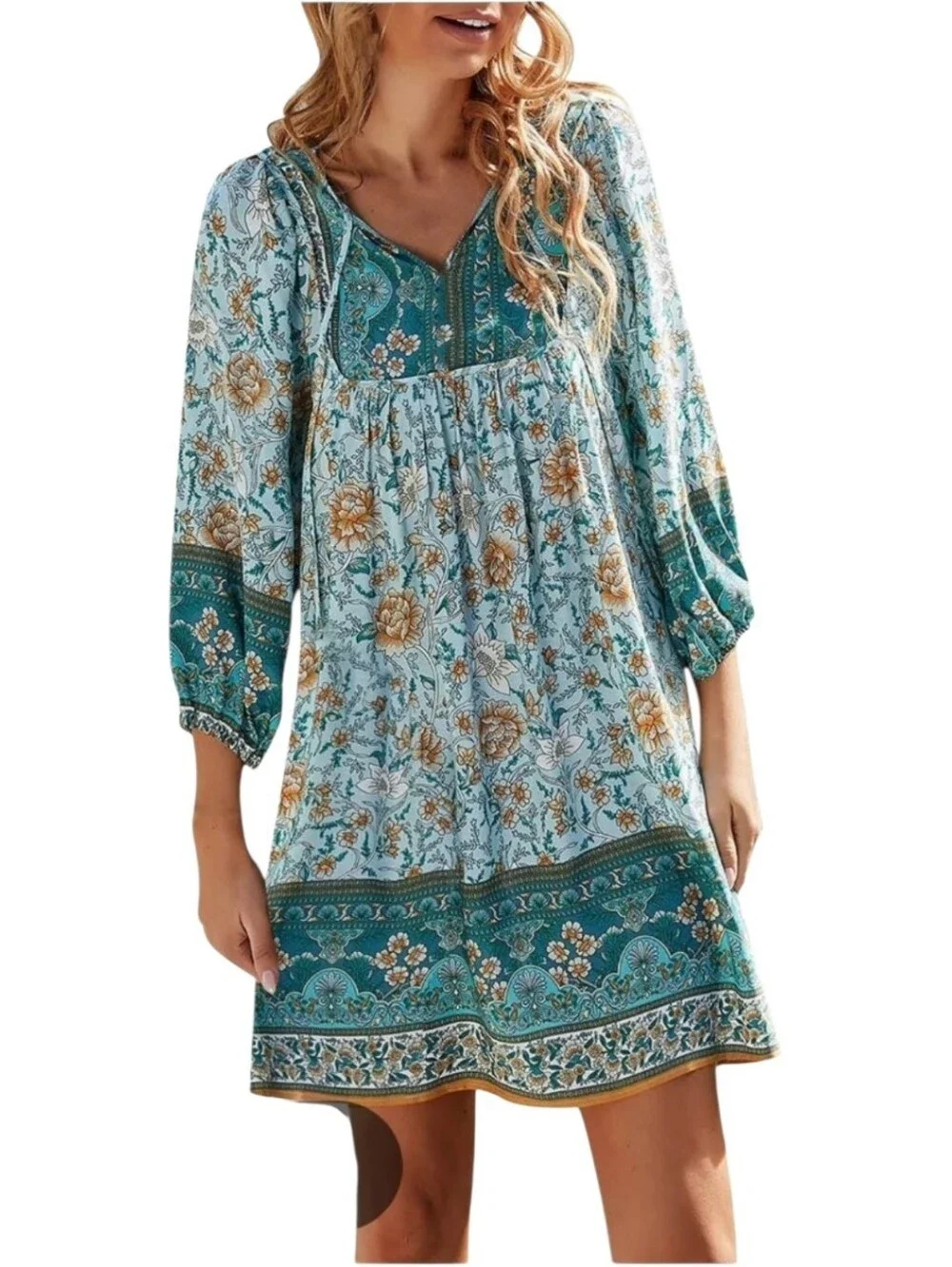 Women's Teal Floral Print 3/4 Sleeve Boho Dress Sz Small